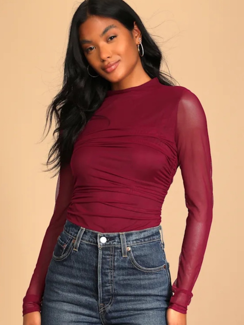 Lulus We Mesh Well Wine Red Ruched Mesh Long Sleeve Bodysuit - Size S